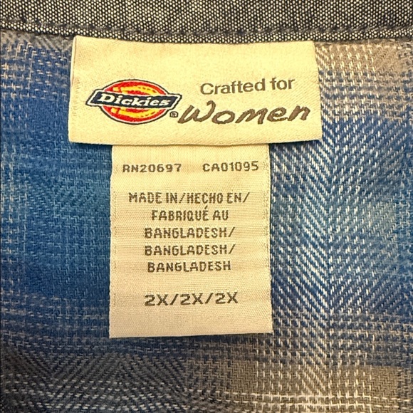 Dickies Womens 2X 100% cotton Blue Gray White Plaid brushed flannel Shirt New - Picture 6 of 9